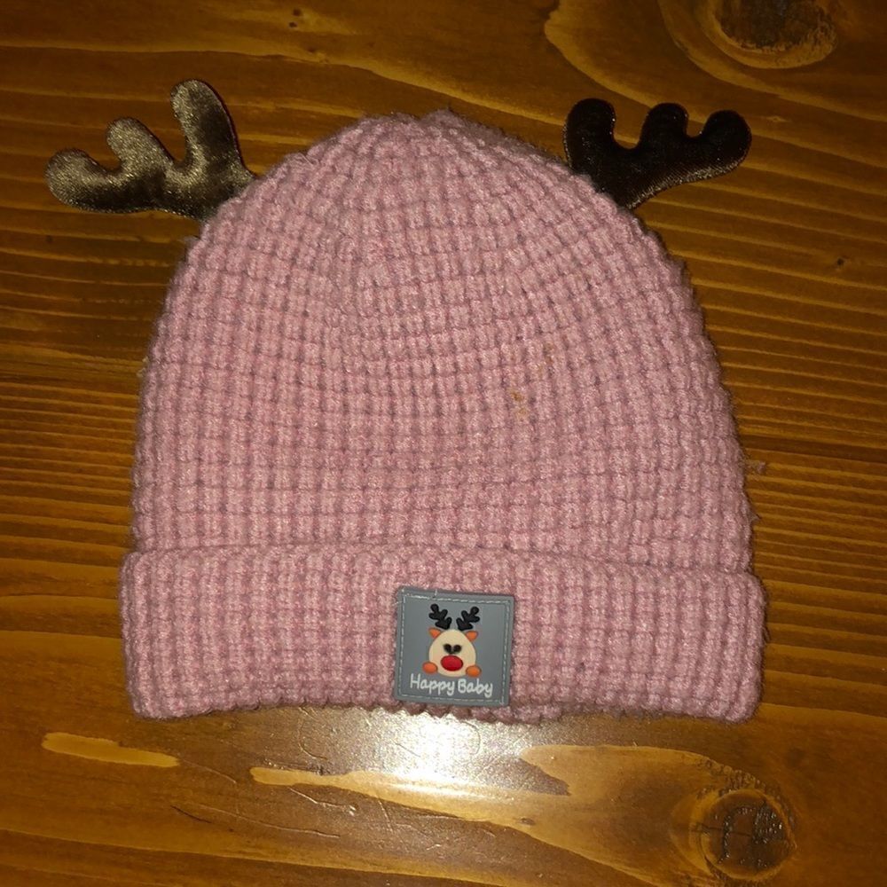 Lined Happy Baby pink baby hat with antlers
